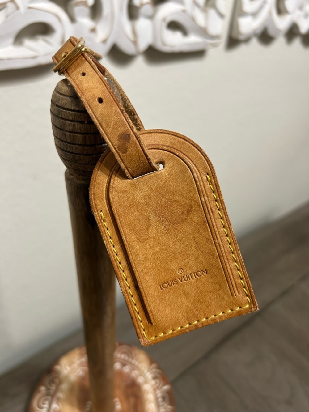 Louis Vuitton Tan Leather Luggage Tag with Yellow Stitching